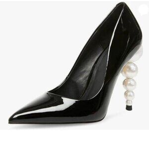 FSJ Slip On Pearl Beaded High Heel Slip On Pump Pointed Toe Mirror Effect Black